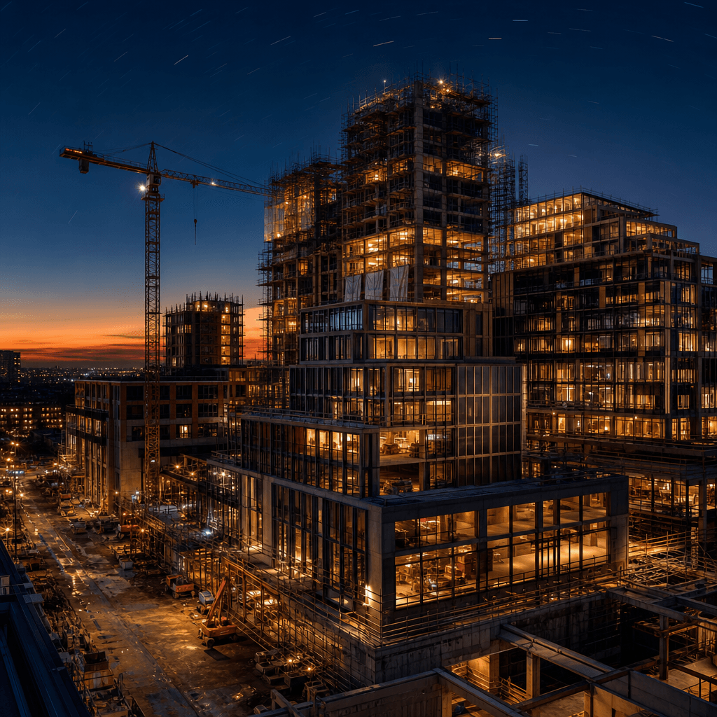 Square format dusk scene of a mixed-use urban development mid-construction, interior lights turning on across multiple f