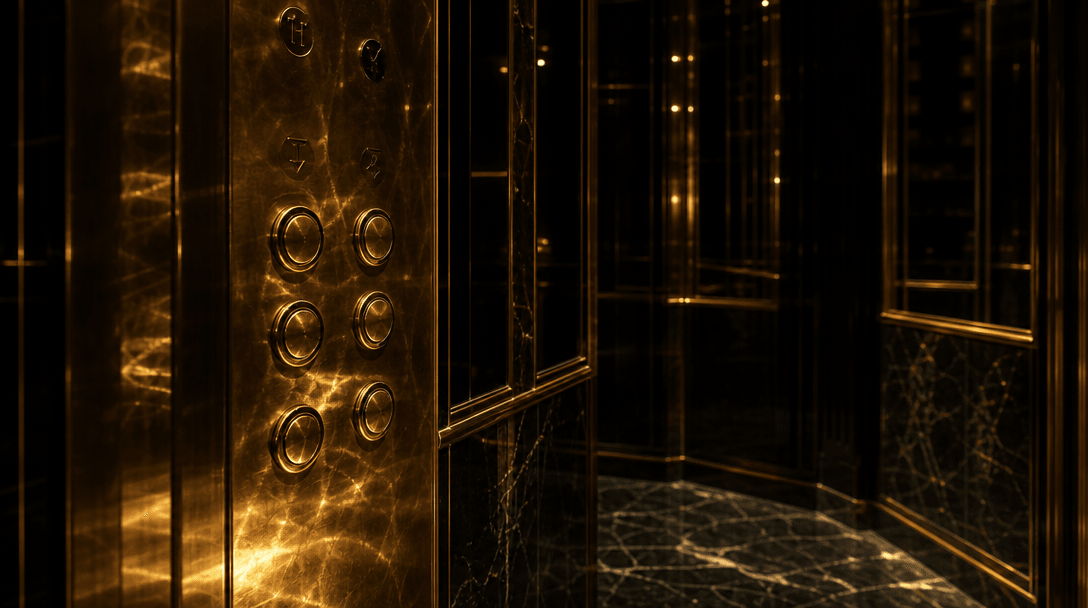 Tight architectural close-up of a luxury elevator interior — polished brass call buttons catching fractured warm light, 