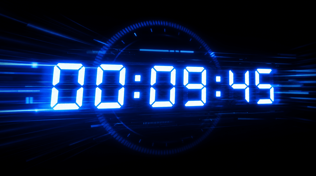 Glowing timer display with animation blur, digital light trails, fast motion effect, sleek dark background, professional