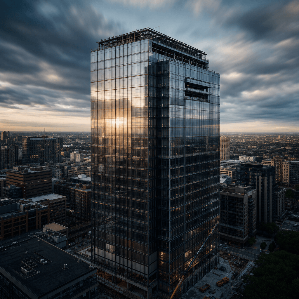 Square format aerial view of a glass-and-steel office tower at near-completion, fast-moving clouds behind, facade panels