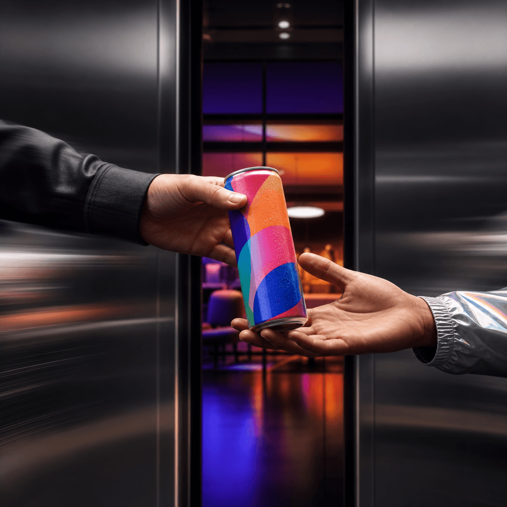 A colorful canned beverage being passed from one anonymous hand to another as elevator doors begin to open, playful prem