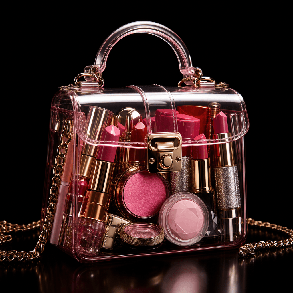 A transparent mini handbag packed with vivid lipstick tubes, blush compacts, and metallic cosmetic cases, arranged like 