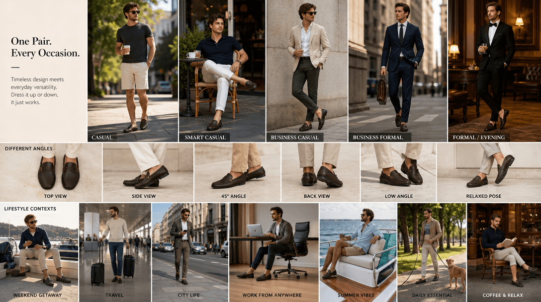 Multiple wear scenarios visualization, casual to formal wearing contexts, styling variety, different foot positions and 