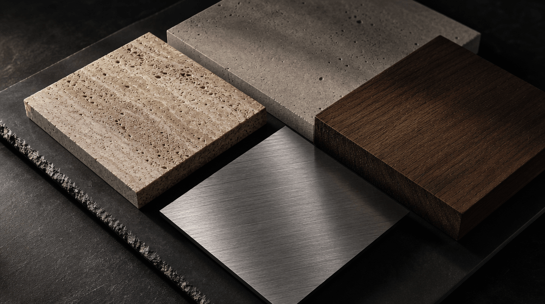 Abstract architectural material palette study — textured travertine stone, brushed steel, raw concrete, and warm smoked 