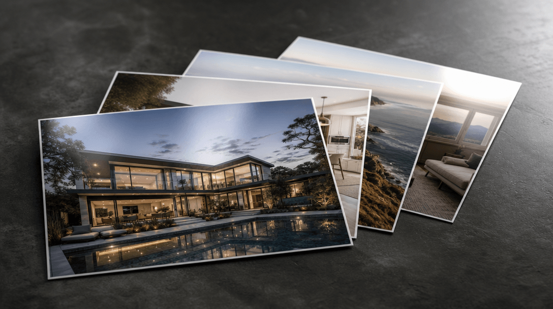 Stack of four large glossy property photographs fanning out in a slow arc on a dark brushed stone surface, editorial sid