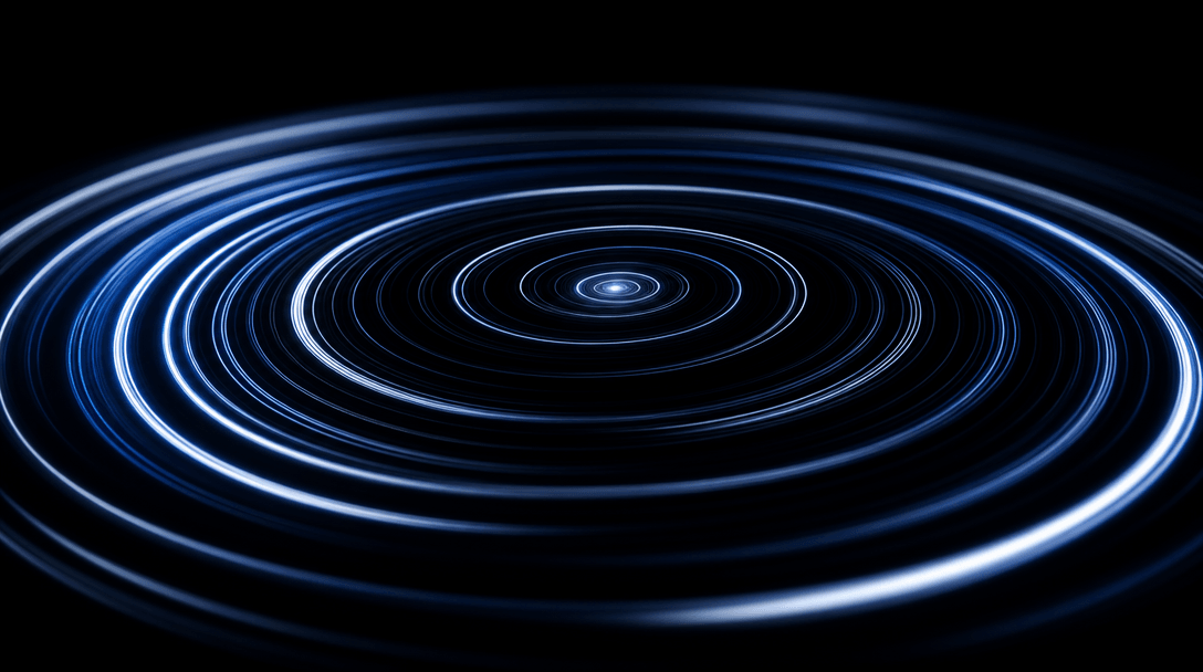 Abstract visualization of a circular camera orbit path: concentric rings of luminous light drawn as thin precision lines