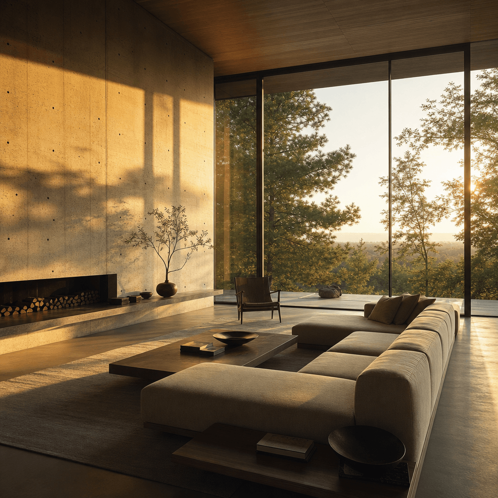 AI-generated architectural interior: a minimalist living room with floor-to-ceiling windows, warm late afternoon golden 