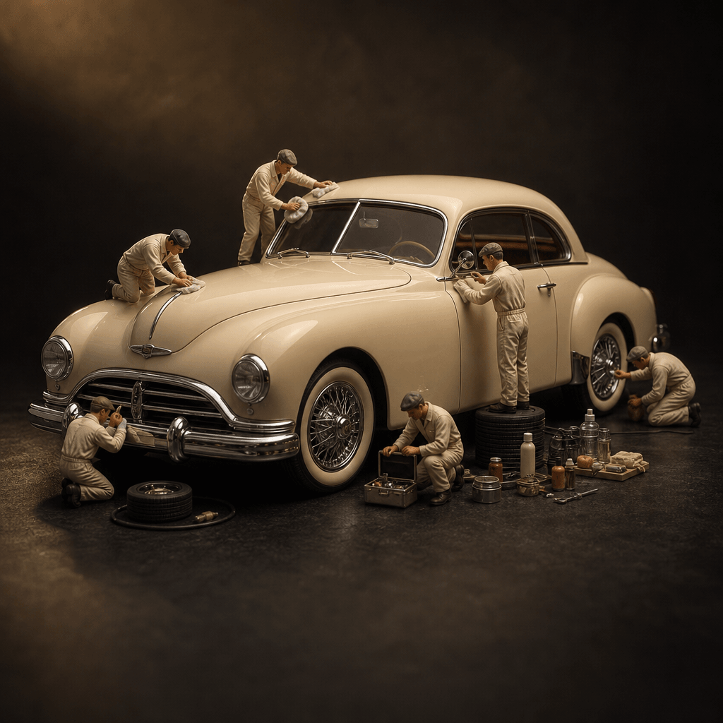 A classic cream-colored coupe receiving an elaborate miniature detailing service, with tiny workers waxing the hood, cle