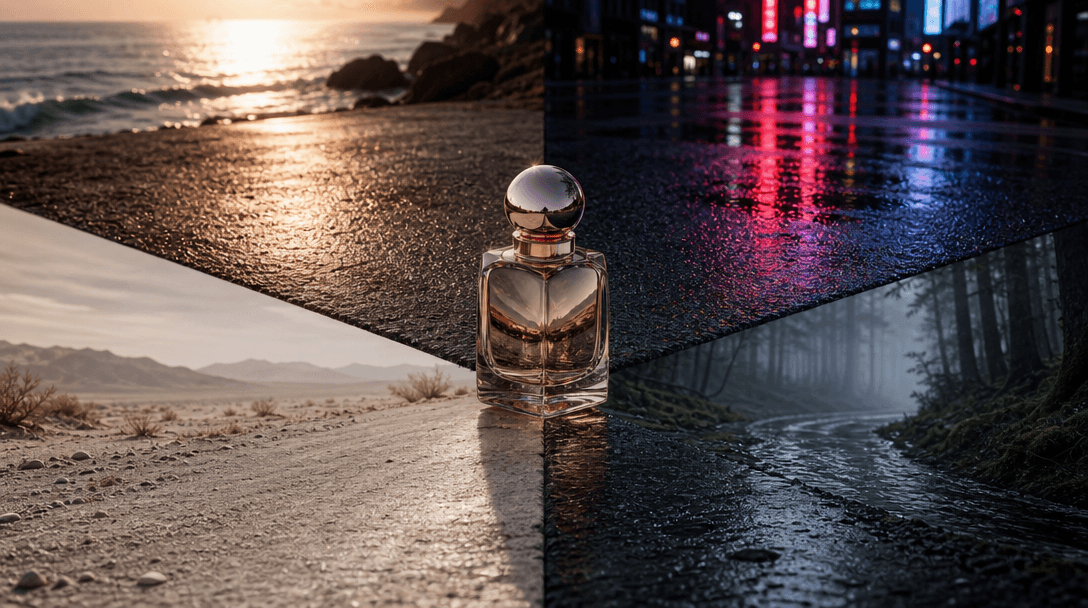Four distinct road surfaces meeting around one mirrored beauty product: coastal sunlight, rainy neon city, pale desert, 