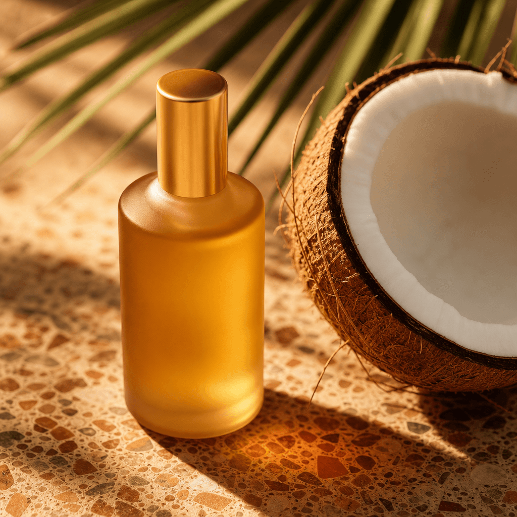 Close-up of a frosted amber glass bottle of body oil placed beside a split coconut on a warm terrazzo surface. Golden af