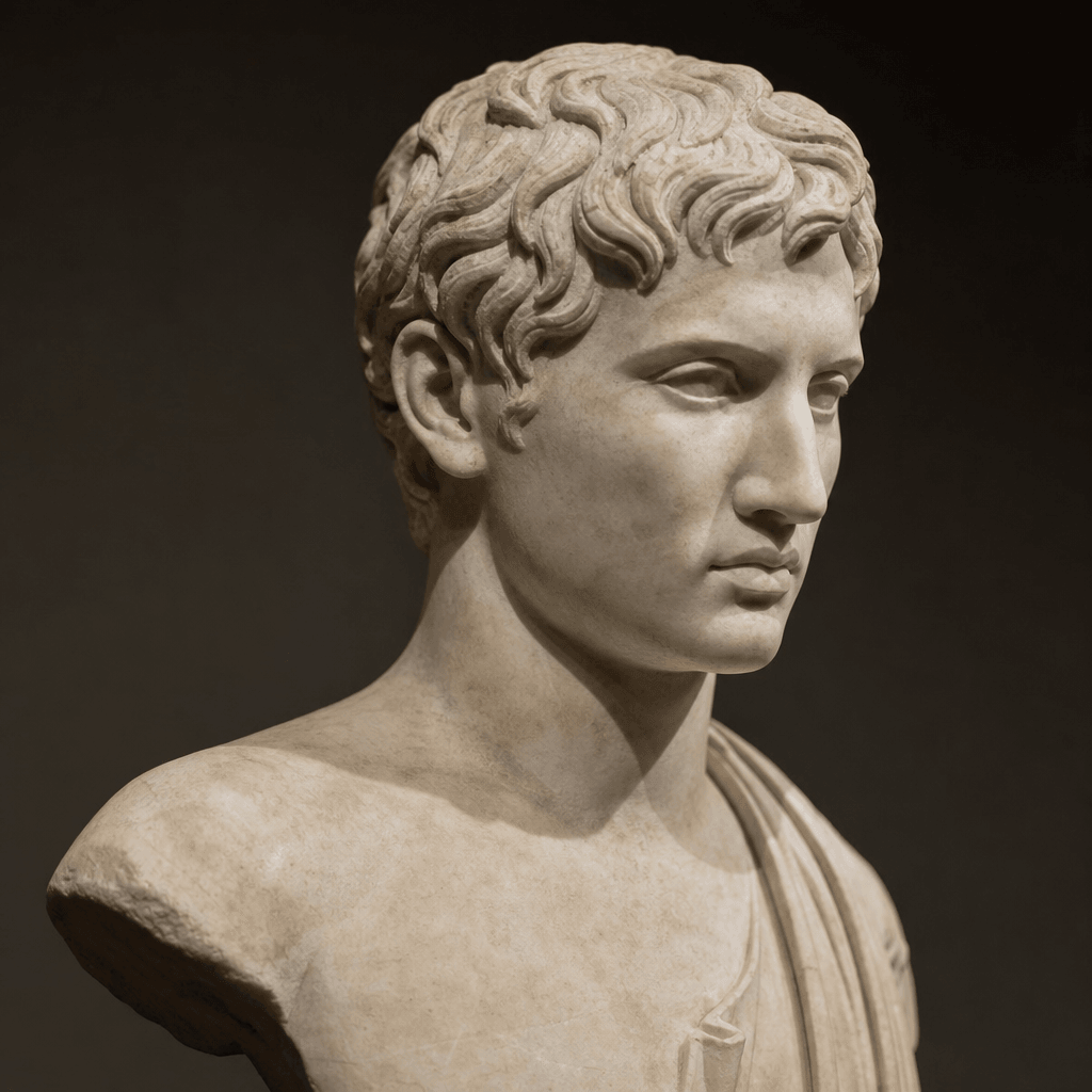Classic Greek statue bust with refined features, marble texture detail, soft museum spotlight, dark background, professi
