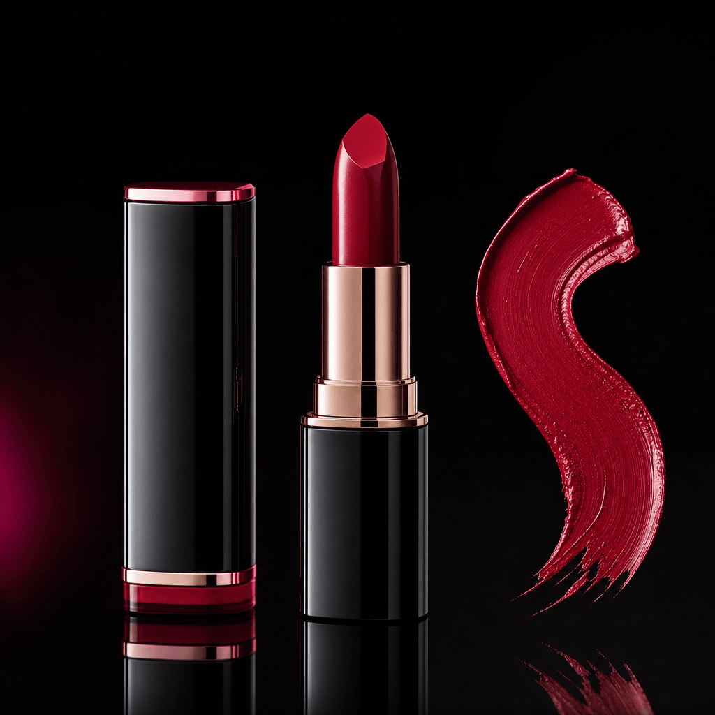 Elegant lipstick in three coordinated poses: closed case, exposed color, and a sculptural pigment stroke, composed as a 