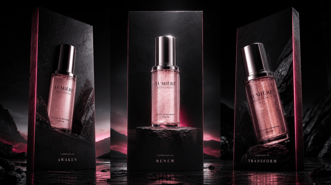 Three monolithic vertical slabs framing one luminous cosmetic bottle from complementary angles, suggesting three connect