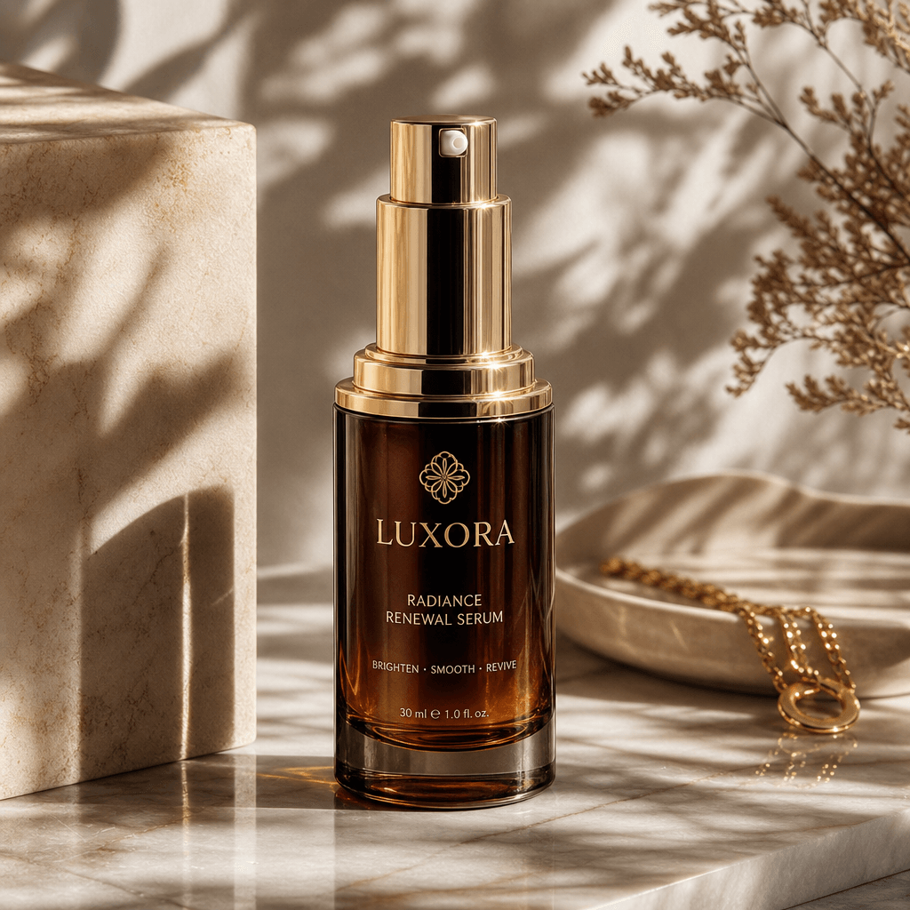 A high-quality studio product shot of a beauty serum with intricate shadows playing across the surface, highlighting its