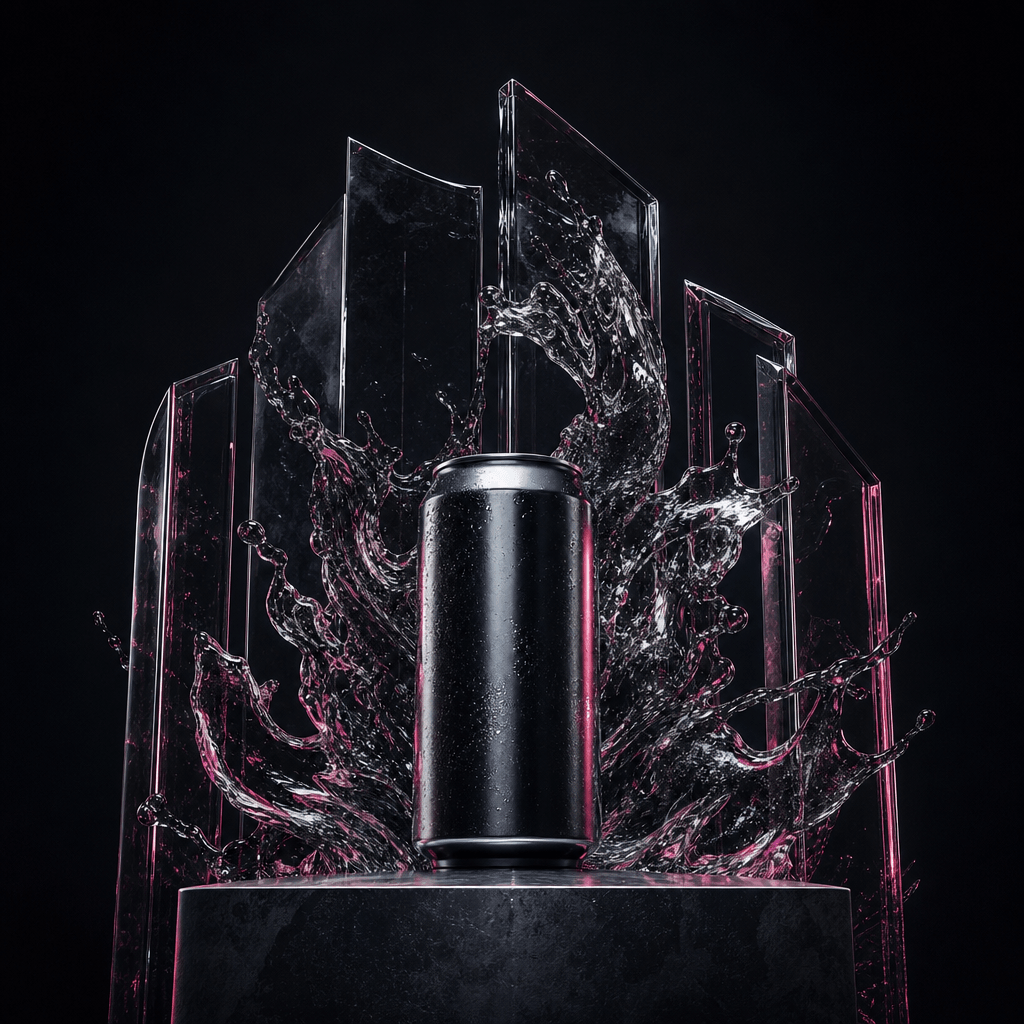 A polished beverage can on a monolithic pedestal while a frozen splash becomes monumental glass architecture around it, 