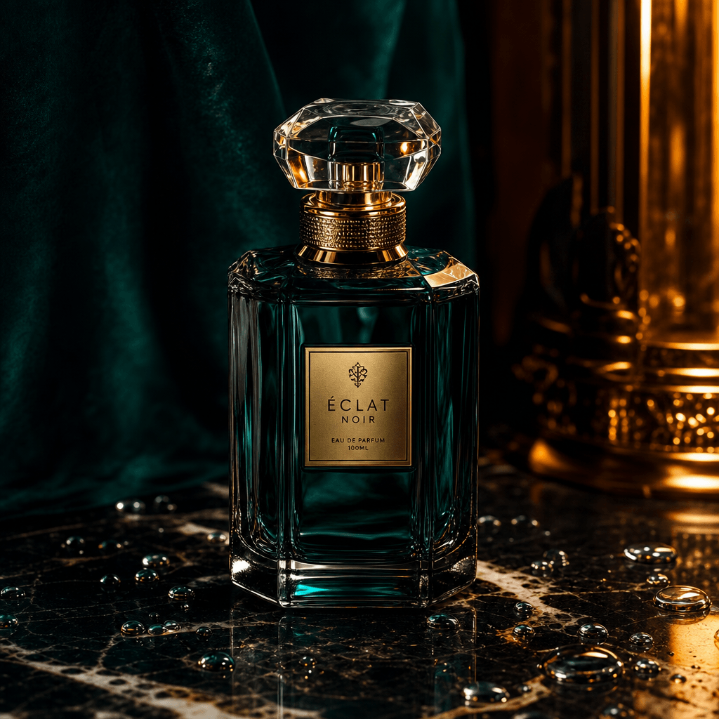 Luxury perfume bottle on dark wet marble surface with scattered water droplets around the base. Deep jewel-toned backgro