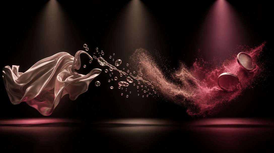 A flowing sequence of silk, suspended droplets, and cosmetic powder moving through three pools of directional light, vis