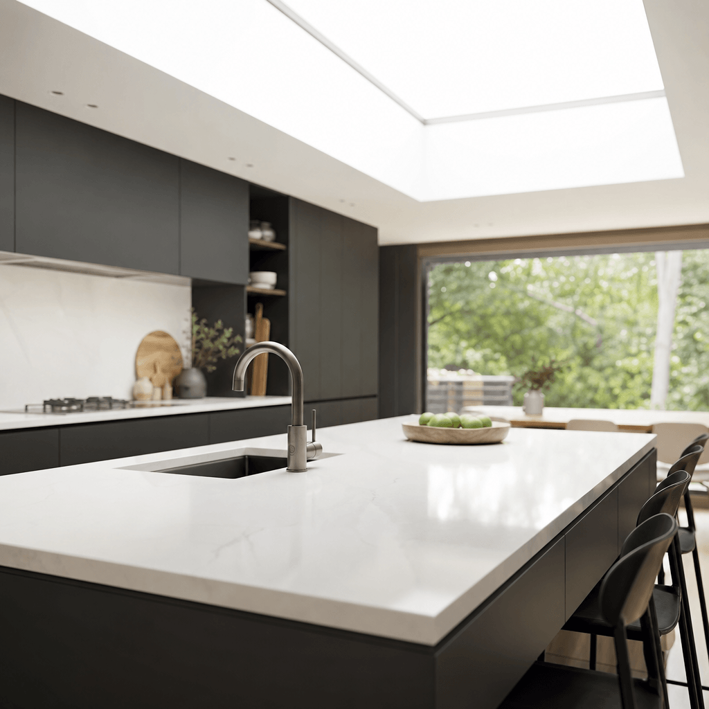 Luxury residential kitchen interior visualization: polished white quartz countertops, matte charcoal cabinetry, a large 