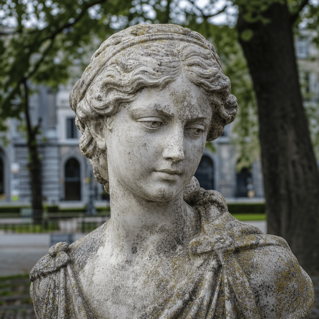 Weathered marble statue portrait placed in public park, realistic stone finish with age patina, natural daylight