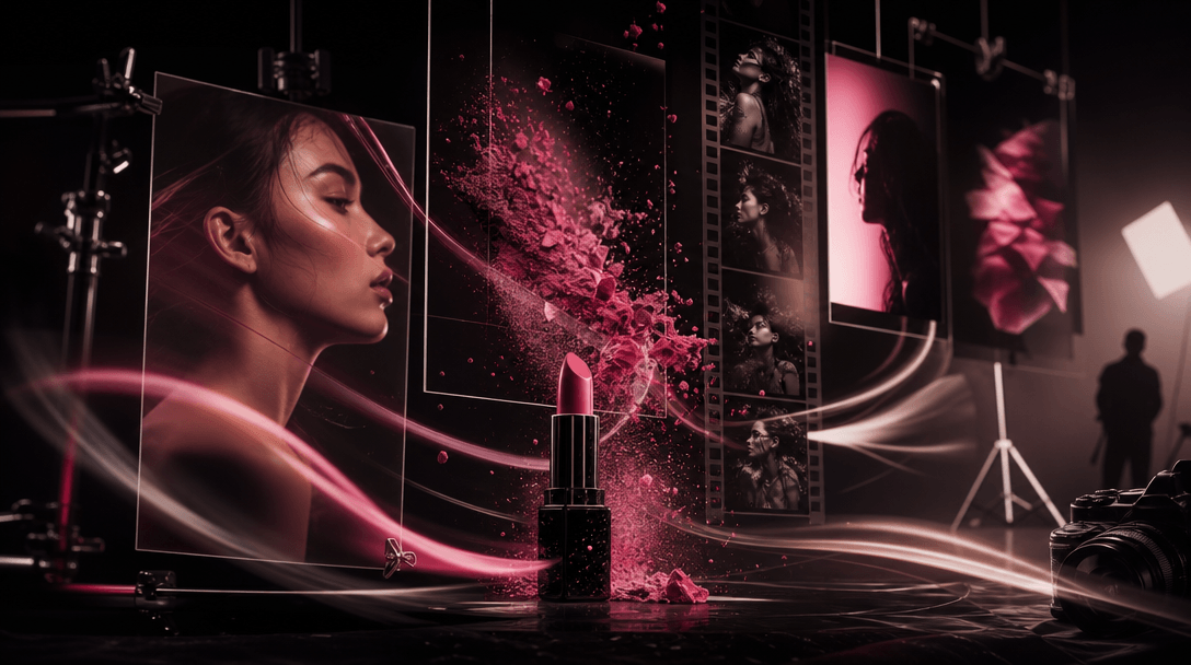 Cinematic creative studio scene connecting beauty stills and motion through suspended cosmetic pigment, a sleek lipstick