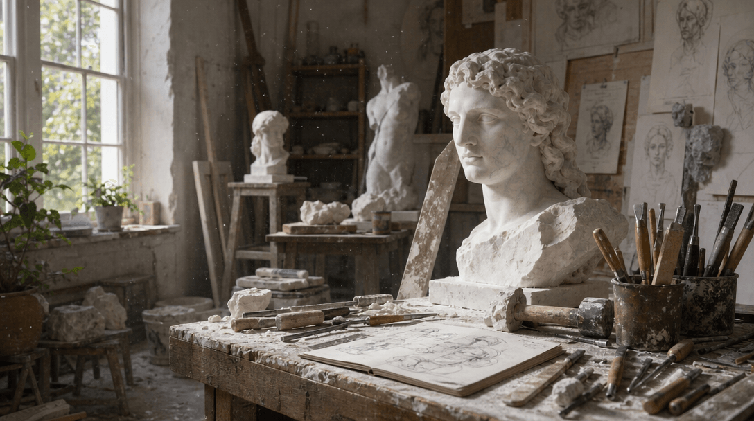 Artist's studio with marble dust particles, sculpting tools arranged, creative workspace atmosphere, natural light, crea