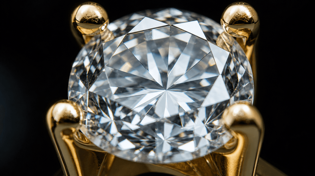 Extreme macro detail of a brilliant-cut diamond in a gold prong setting, catching refracted light against a near-black b