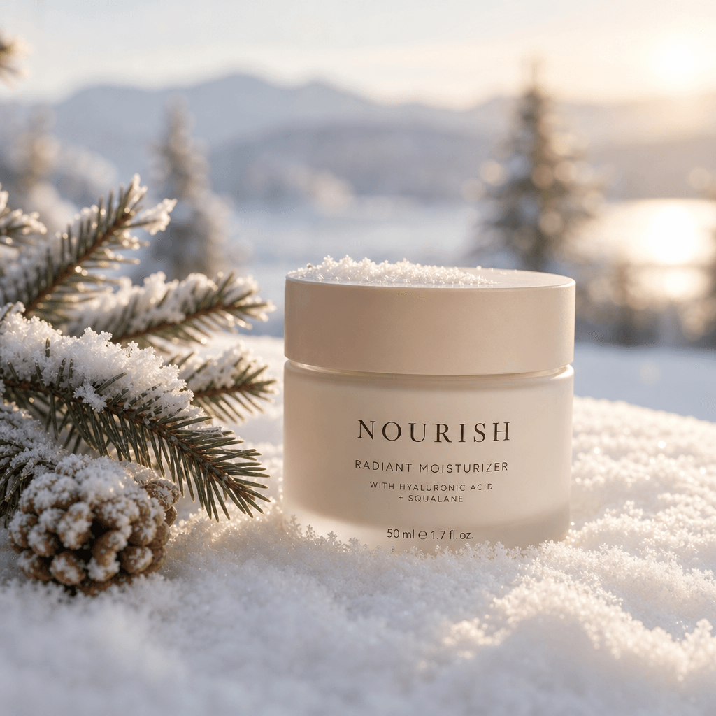 A beauty product on a snowy surface with soft natural light, creating a warm and inviting feel.