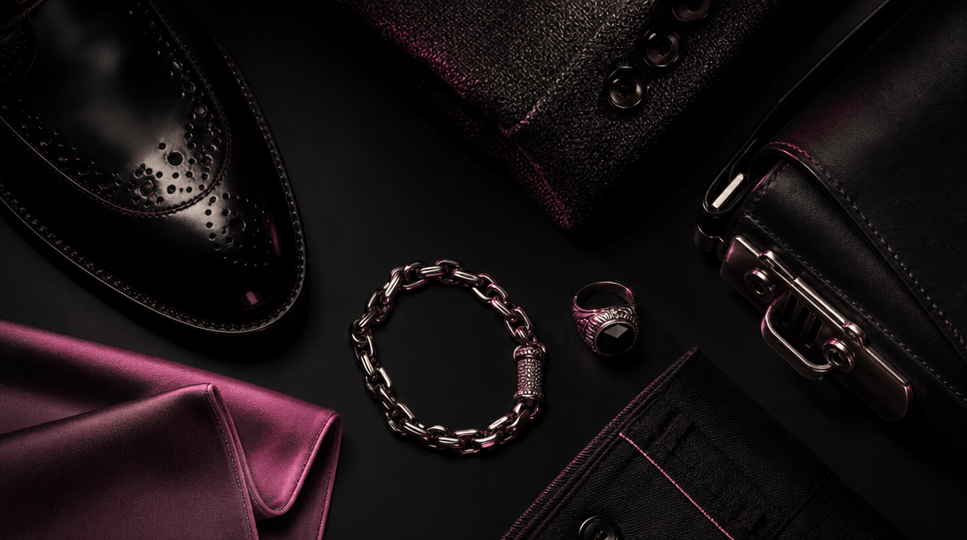 Macro fashion details arranged across a dark matte surface: polished shoe leather, woven jacket fabric, metal jewelry, a