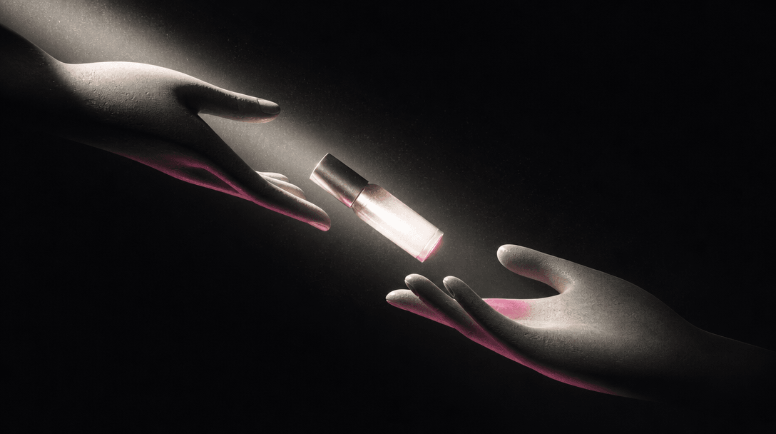 Two abstract sculptural hands passing a luminous product-shaped object through a narrow beam of light, dark editorial st