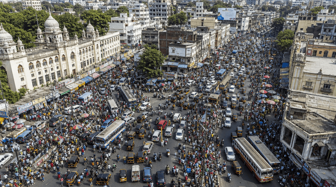 Aerial city street scene with dense crowds and busy vehicles, wide-angle perspective, natural daylight, realistic urban 