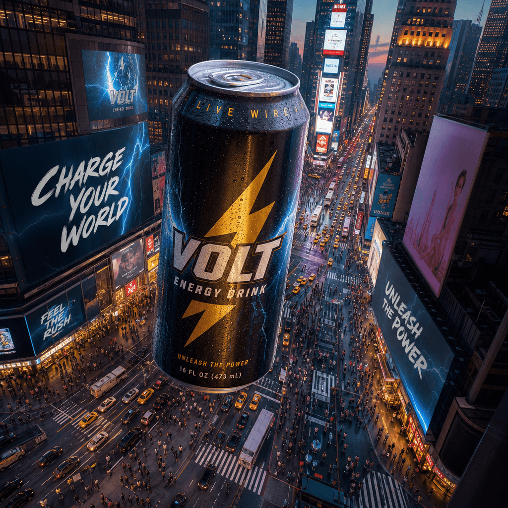 Oversized energy drink can floating above congested city traffic intersection, people appearing tiny below, cinematic pe