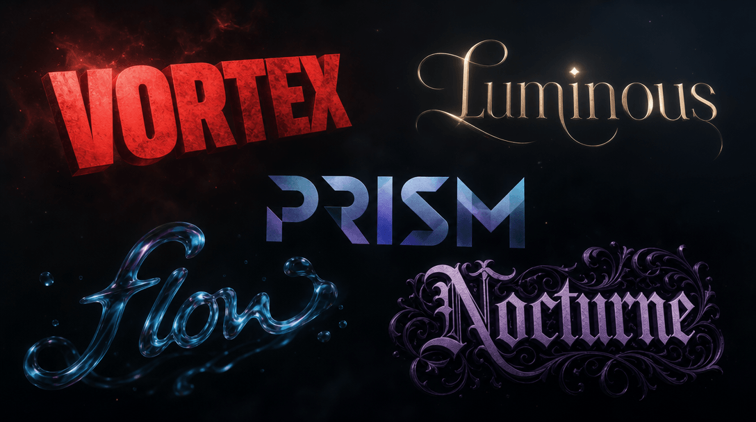 Abstract composition of 5 different typography styles floating in dark space, each with distinct font weight and color p