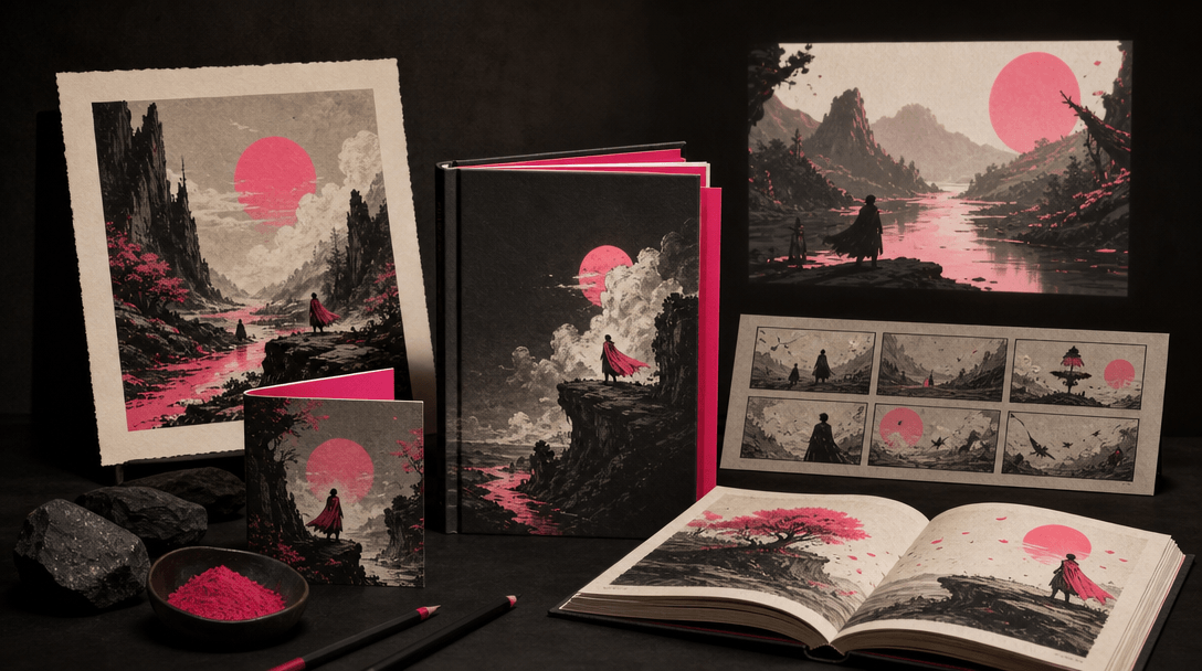 A finished illustrated book surrounded by connected creative outputs: art print, folded campaign card, storyboard frames