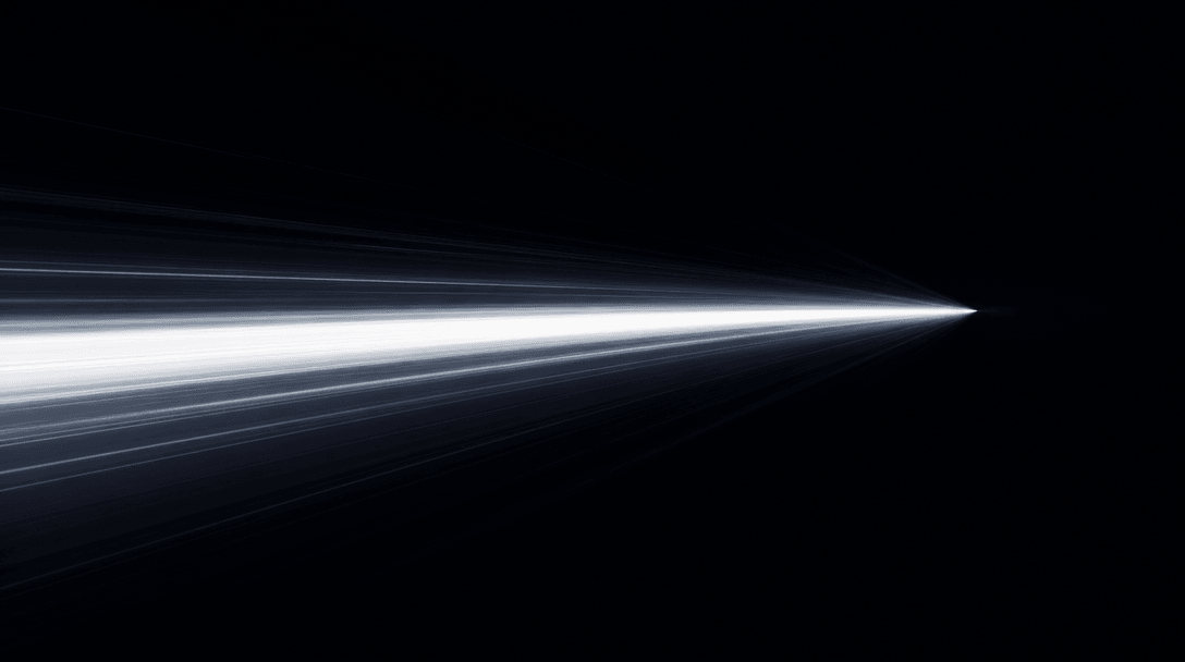 Abstract speed and workflow visual: a single focused beam of white light passes through a dark void and converges to a p