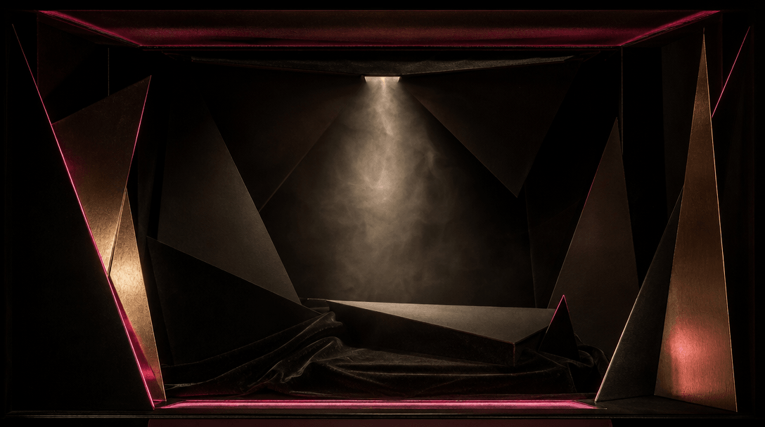 An abstract theatrical box interior built from black velvet, folded matte paper, and narrow metallic panels, illuminated