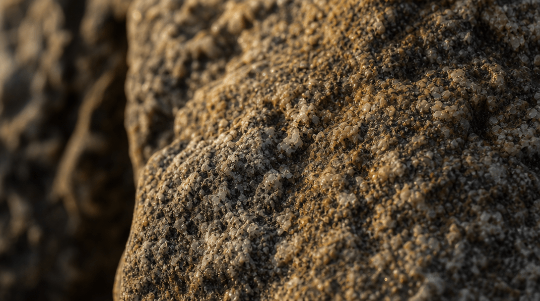 Extreme macro close-up of rough coastal granite stone surface bathed in warm natural sunlight, revealing ultra-granular 