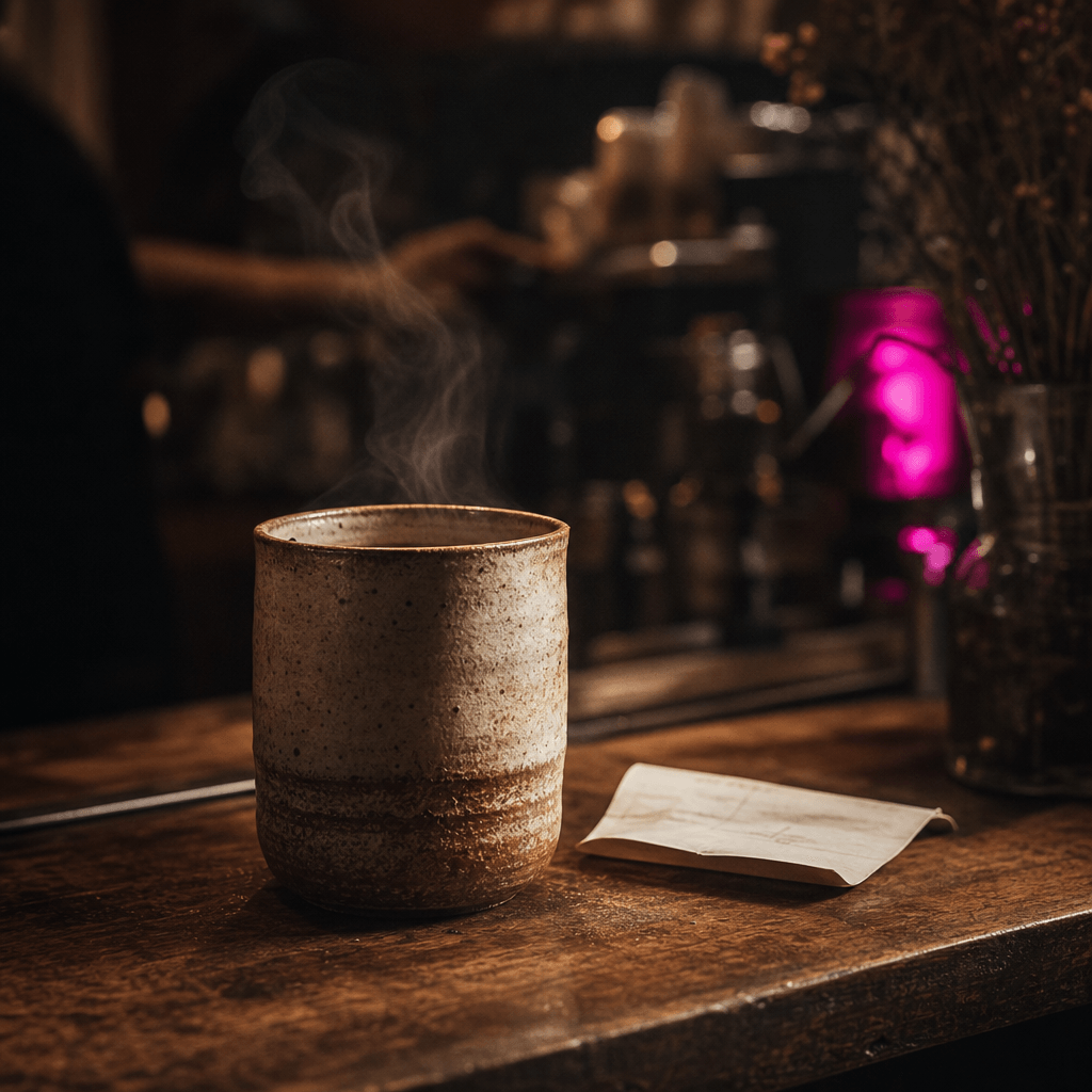 A handcrafted ceramic cup on a cafe counter beside soft morning steam and a folded receipt with no readable text, warm h