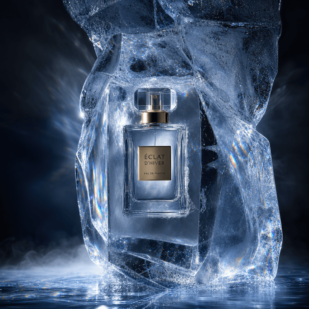 Perfume bottle suspended in frozen ice formation. Dramatic theatrical lighting creating refraction effects, luxury fragr