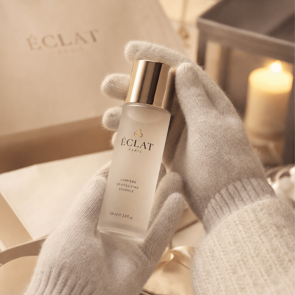 Luxury skincare product in hand with cashmere gloves, soft warm lighting, elegant presentation, beauty product styling, 