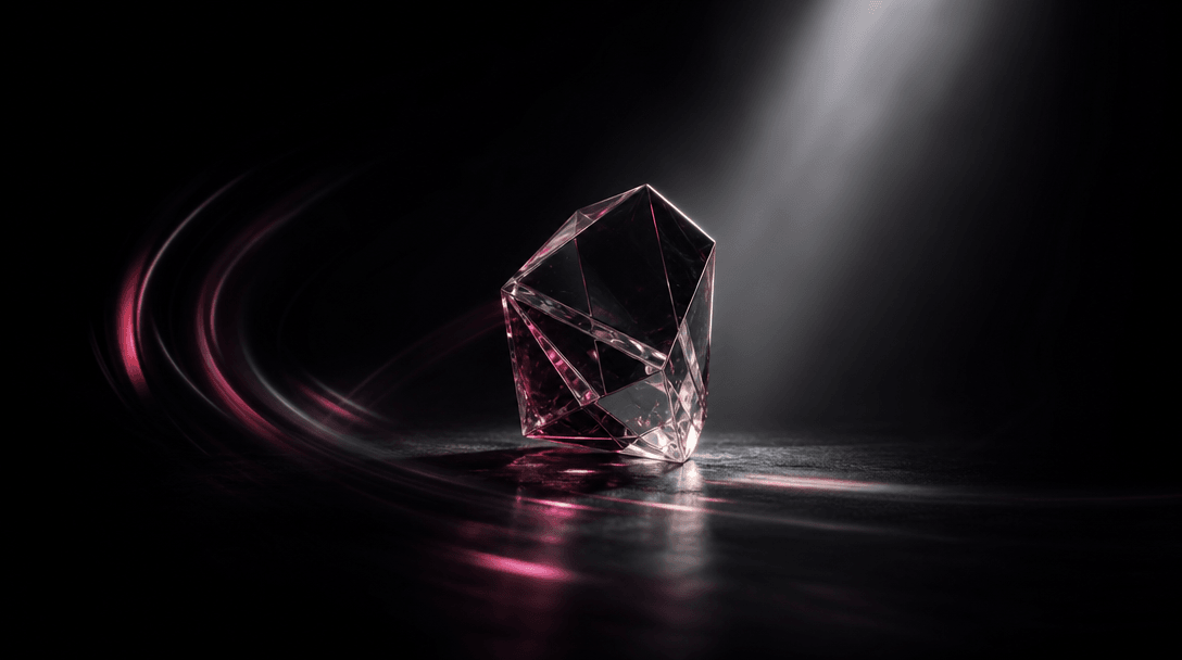 A focused cone of studio light illuminating a faceted glass object while the surrounding set disappears into near-black 