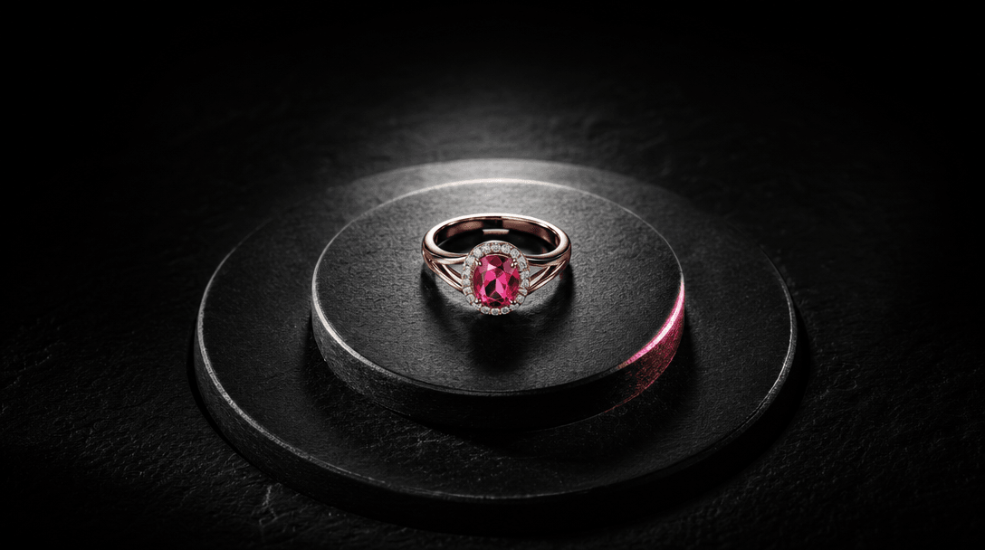A single polished object isolated within concentric pools of light on matte black stone, visualizing premium visual hier