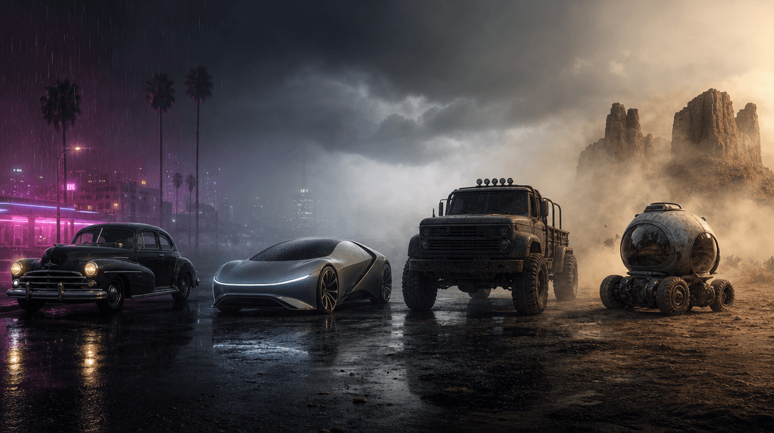 A line of dramatically different fictional vehicles parked across one cinematic roadside panorama: vintage coupe, futuri
