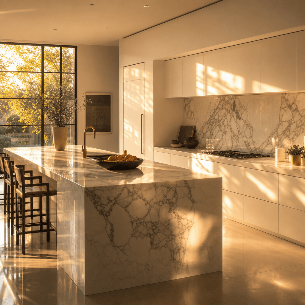 A contemporary open-plan kitchen with golden afternoon sunlight washing across white marble countertops, warm amber refl