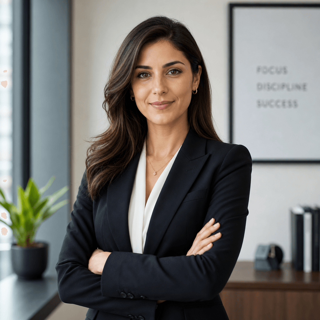 A high-quality business portrait of a confident woman in a tailored suit, set against a minimalist office background. Th