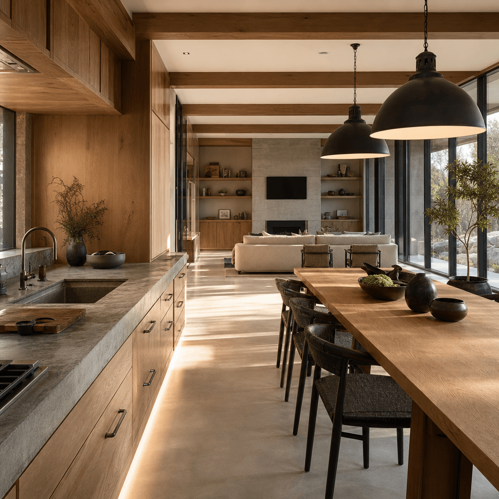 Photorealistic AI-rendered open-plan kitchen and living area in a Scandinavian style — white oak cabinetry, brushed conc