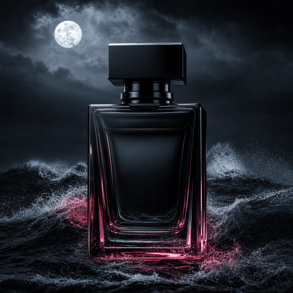 An oversized black perfume bottle standing in a turbulent midnight sea, waves curling around the glass base, sharp moonl