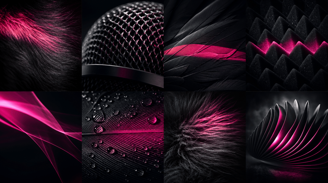 An abstract cinematic study of animal fur, feathers, microphone mesh, acoustic foam, and moving light rendered in severa