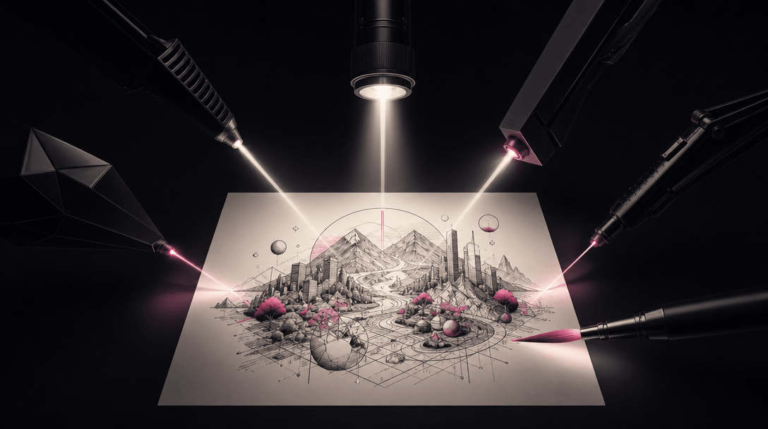 An abstract multi-model creative scene represented by several precise beams of light converging on one pristine sheet of
