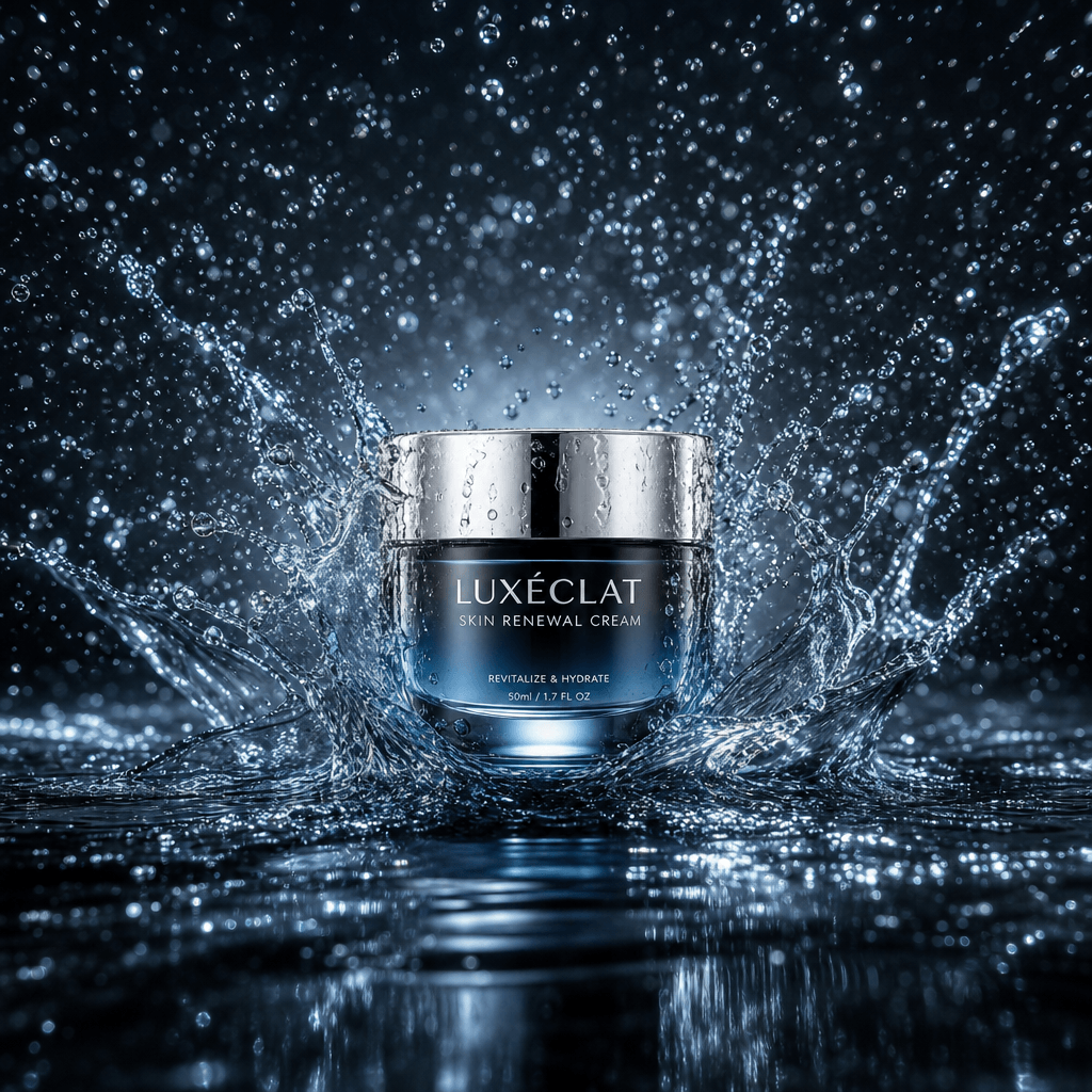 Multi-directional water splash with millions of suspended droplets around beauty product, center-focused composition, pr