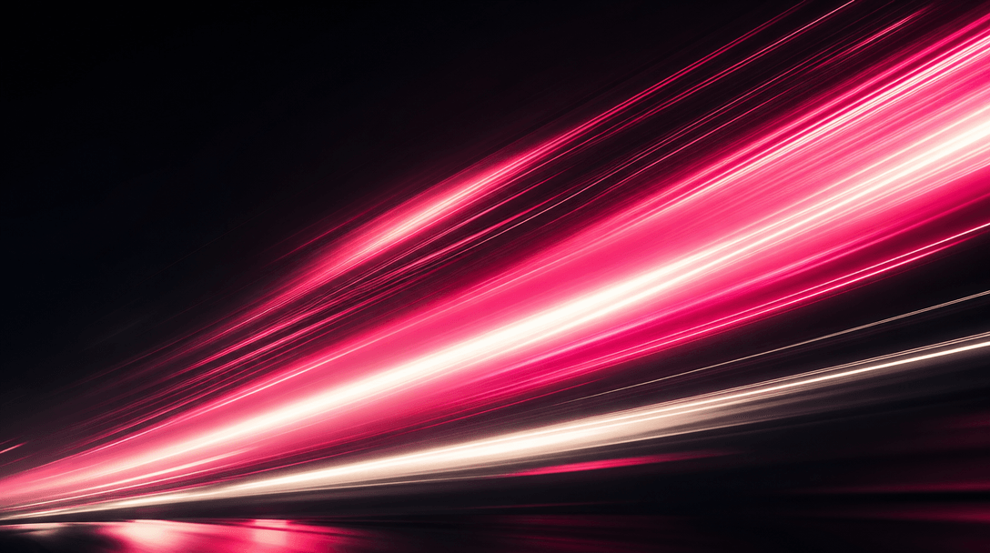 Scroll-stopping motion blur of brand color light streaks across a deep dark canvas, hot pink and off-white light trails 